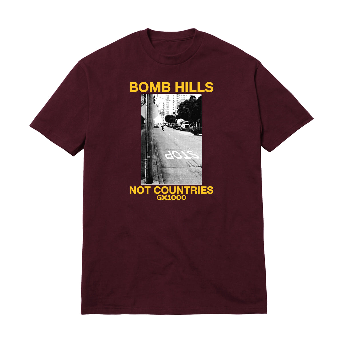 GX1000 BOMB HILLS NOT COUNTRIES TEE BURGUNDY/YELLOW