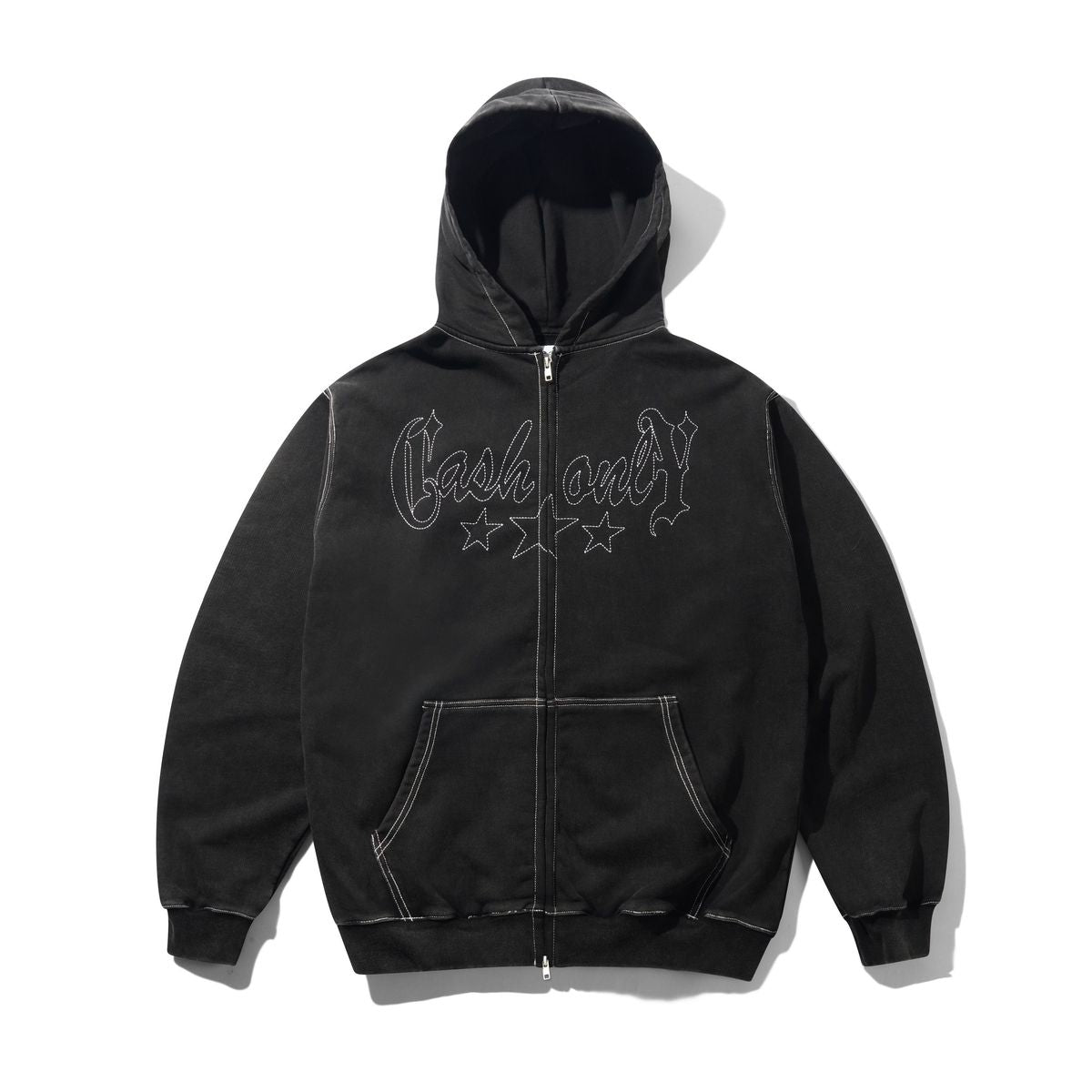 CASH ONLY DIST STRIP ZIP THRU HOODIE WASHED BLACK