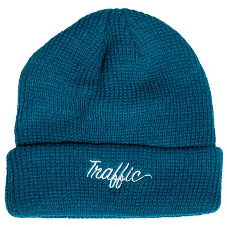 TRAFFIC SKATEBOARDS SCRIPT EMBROIDERED LOOSE KNIT BEANIE TEAL