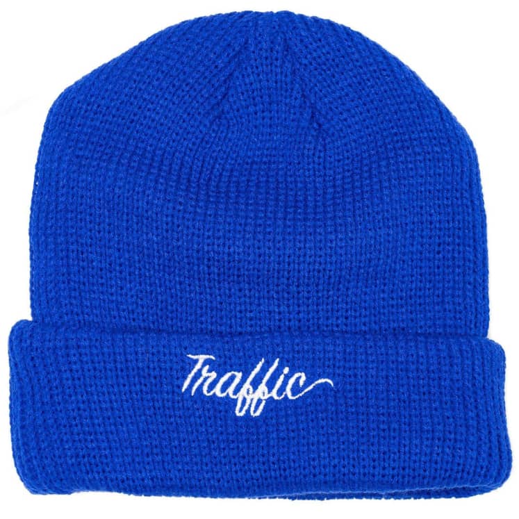 TRAFFIC SKATEBOARDS SCRIPT EMBROIDERED LOOSE KNIT BEANIE BLUE